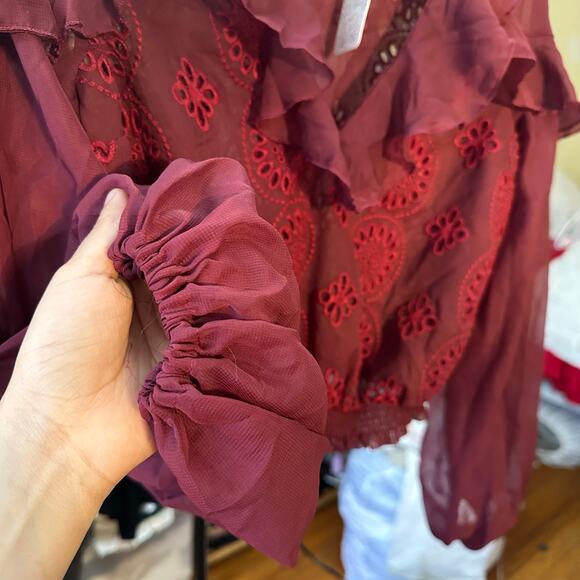 NWT Free people Life's A Party Blouse Wine‎ Red Burgundy Size XS Lace Sheer - Picture 13 of 13